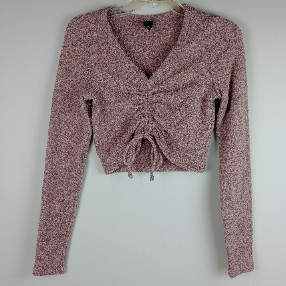 Wild Fable Womens M Pink Ruched Tie Front Cropped Fuzzy Long Sleeve Top Shirt